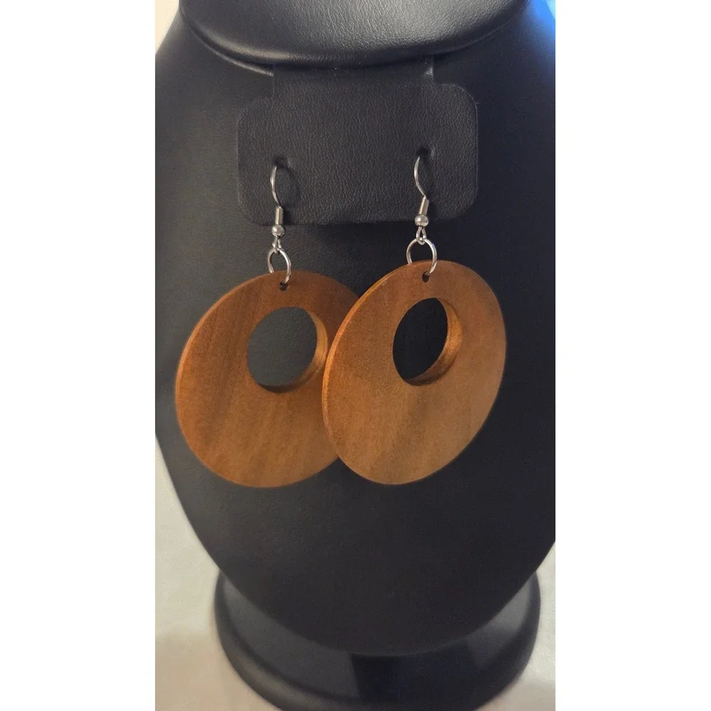 Unbranded Wooden Geometric Dangle Earring Set 4 Pairs Teardrop Circle Brown Wood